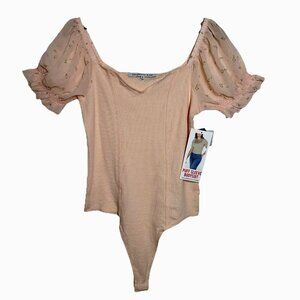 Celebrity Pink Juniors’ Sz XL Semi-Sheer Puff-Sleeve Bodysuit Peach Coquette Y2K